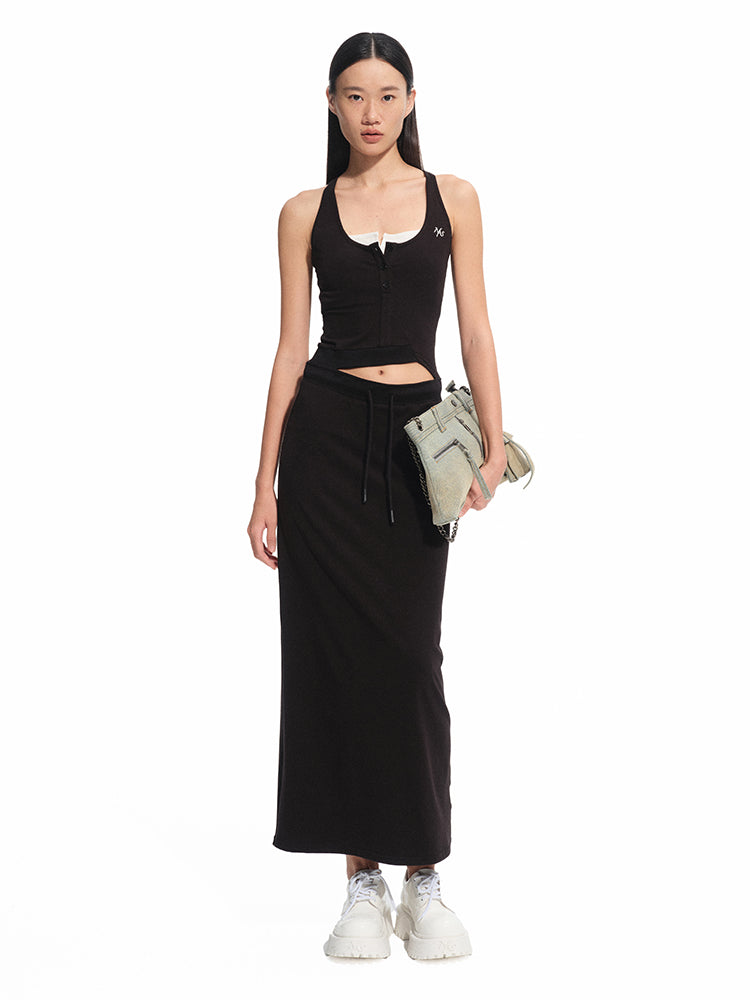 Contrast Color Fake Two-piece Waist Hollow Dress