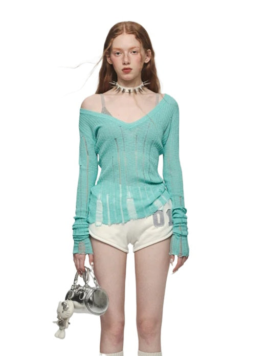 Hollow Out Waist-Cinched Knitted Blouse