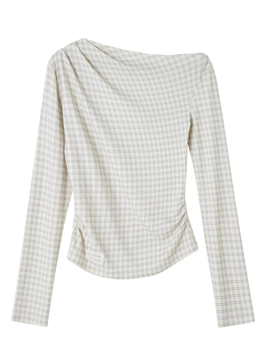 Velvet-Touch Plaid Draped Off-Shoulder Long Sleeve