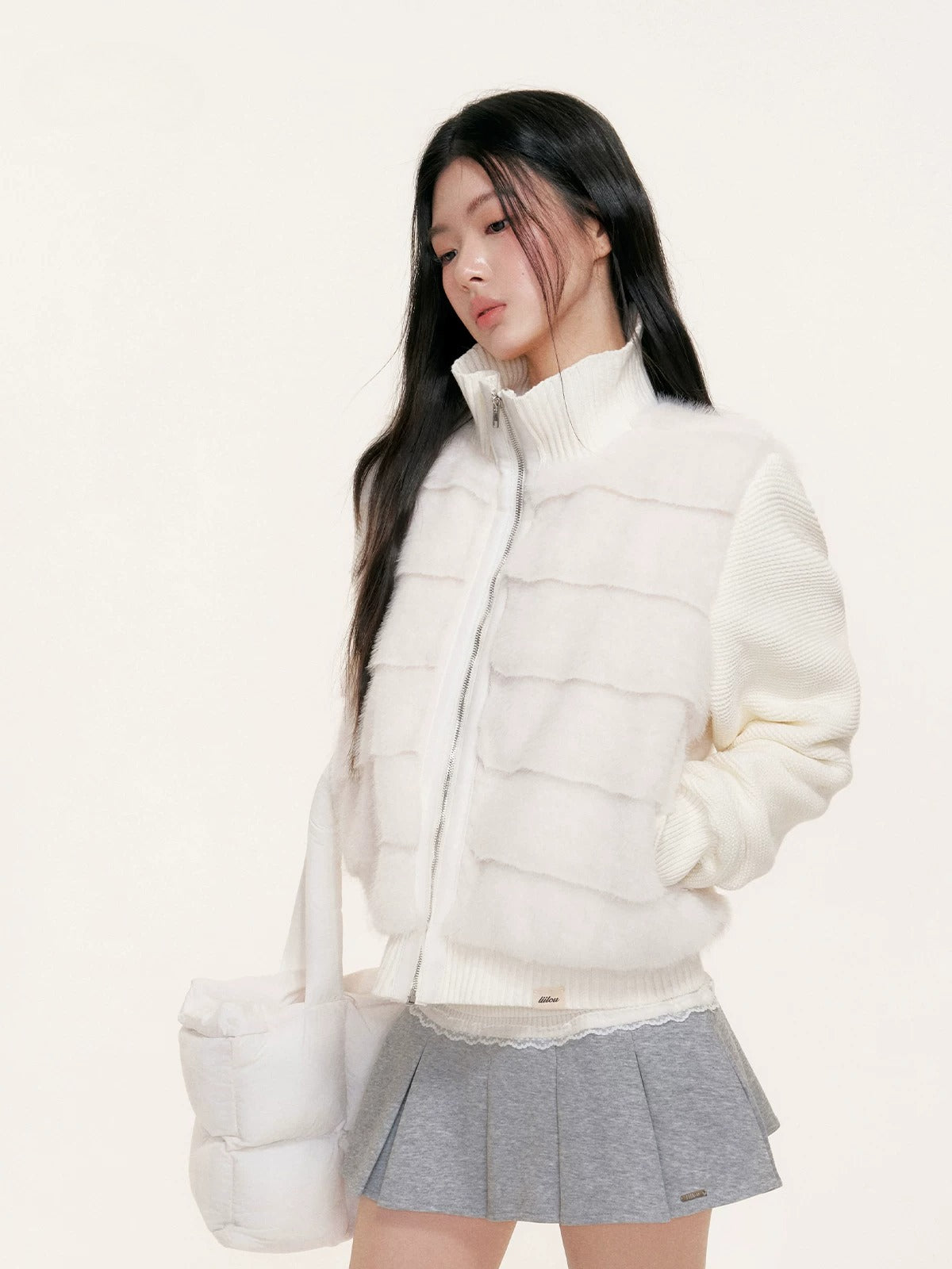 Faux Fur Knit Sleeve Down Jacket