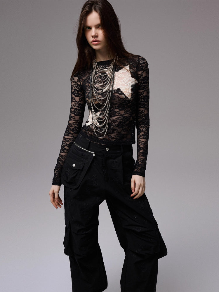 Vintage Contrast Star Patch Lace Slim Long Sleeve Top