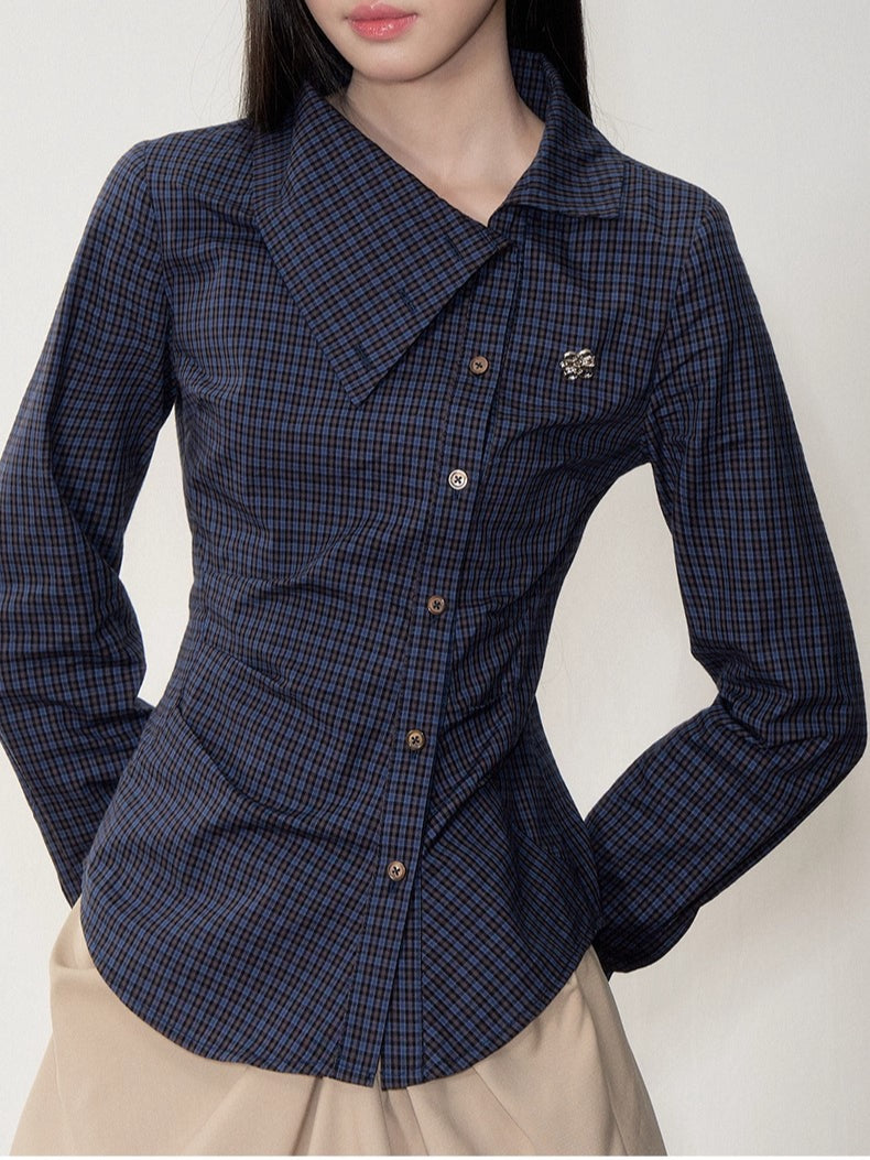 Navy Blue Plaid Lapel Collar Shirt