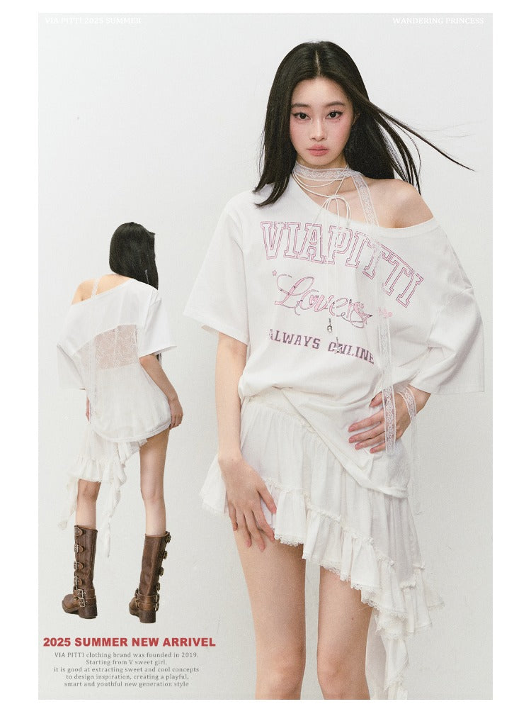 Off-shoulder Letter Hollow-out Spliced T-shirt