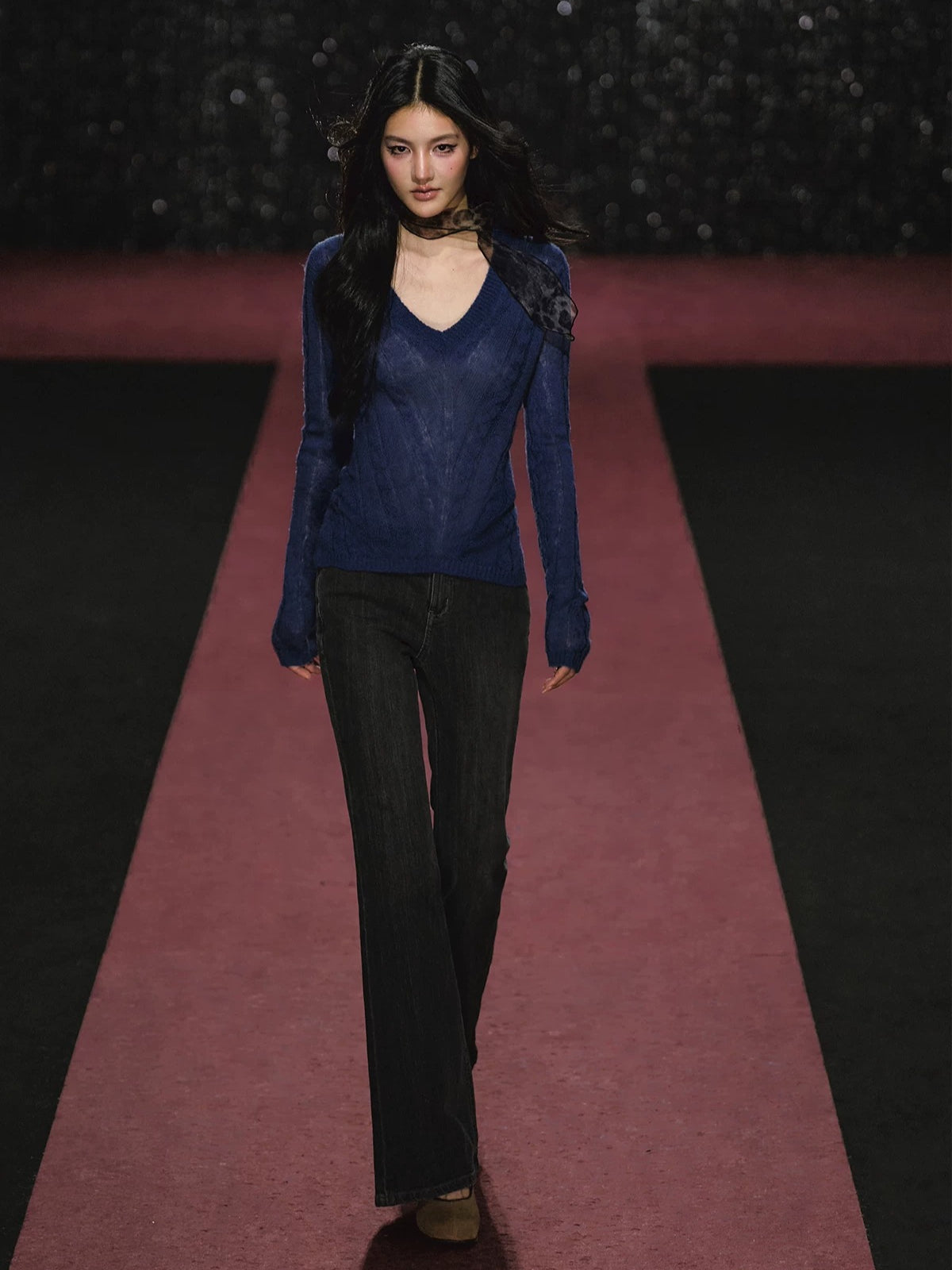 Slightly Sheer V Neck Cable Knit Sweater