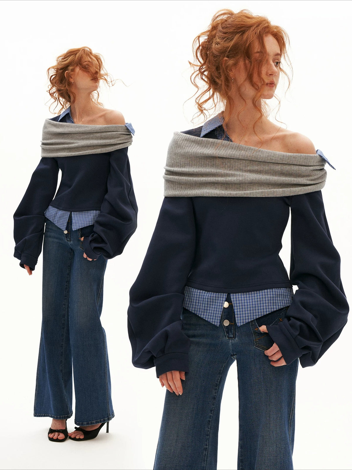 Plaid Off-Shoulder Sweatshirt Top