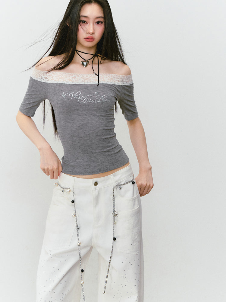 3D Rhinestone Wide - leg Denim Pants