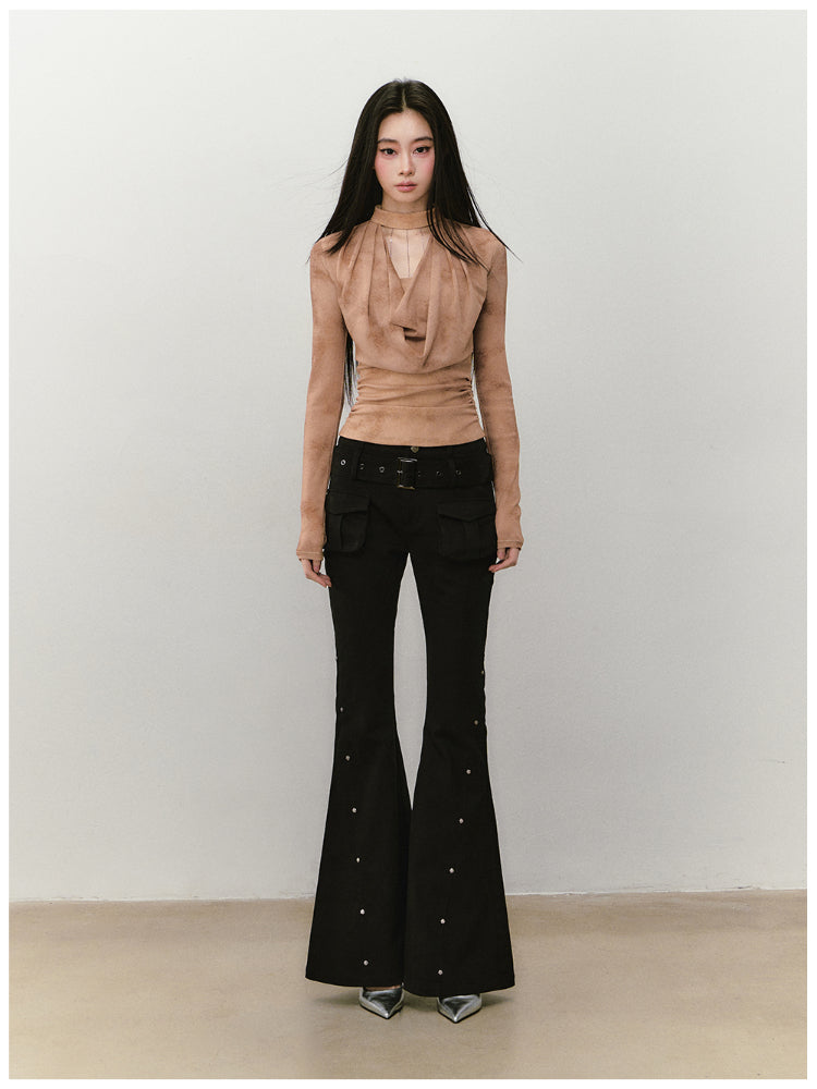 Chain Halter Draped Neck Fitted T-shirt