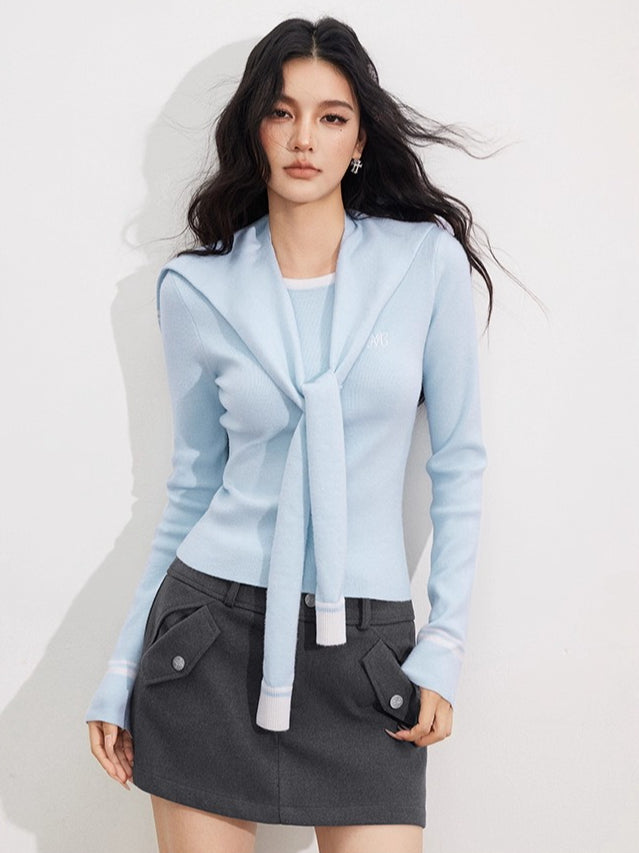 Gray & Blue Shoulder Crewneck Layer & Cape Set