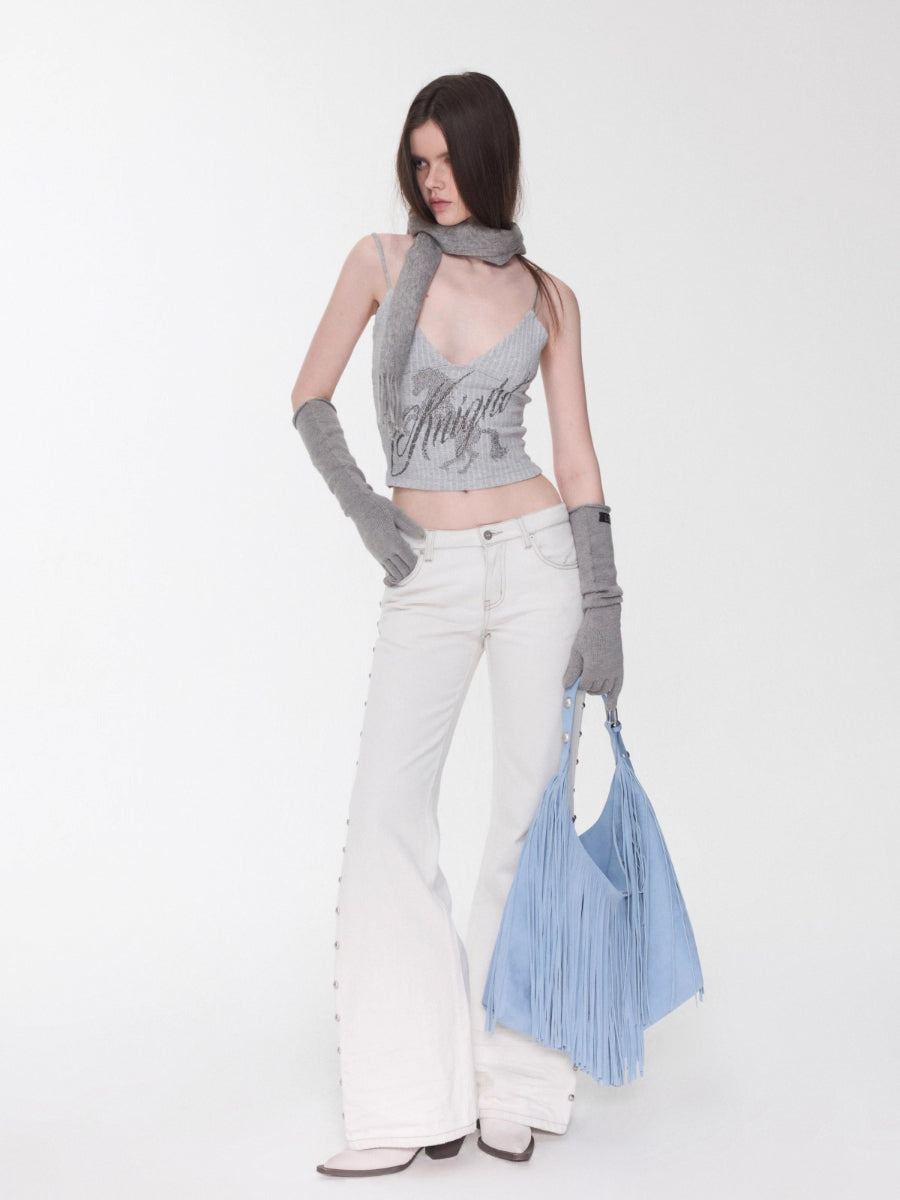 Studded Flared Denim Whisker Detailing Jeans
