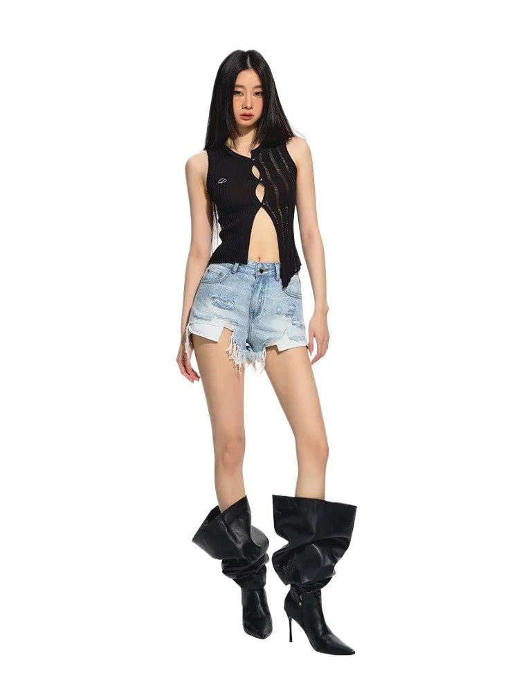 Black Off-set Round Neck Crochet Lace Cardigan