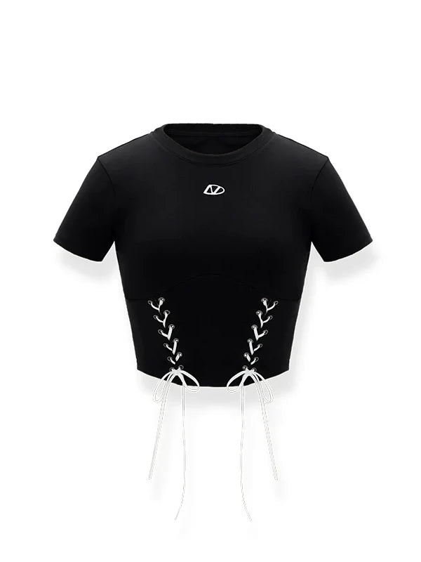 Color-Blocked Belted Straight-Shoulder Short Sleeve Top
