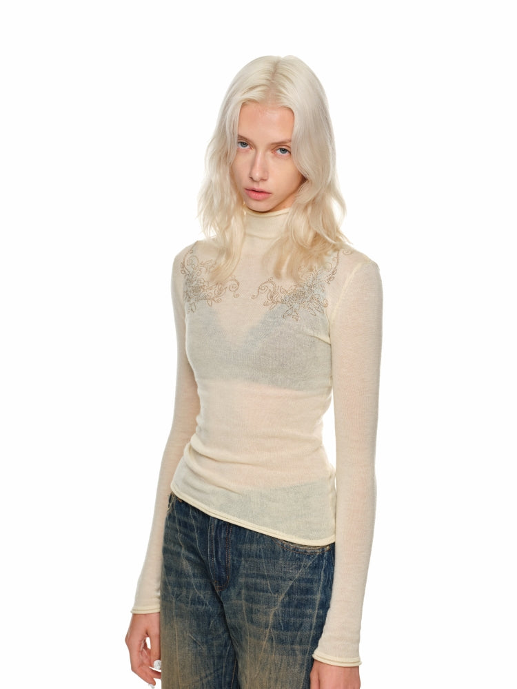 Rose Rhinestone Knit Turtleneck Base Layer