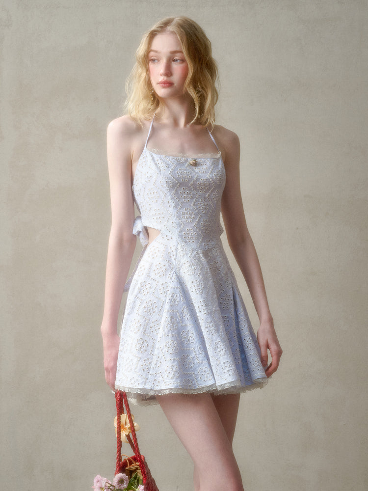 Natural Cotton Embroidered Little Blue Dress
