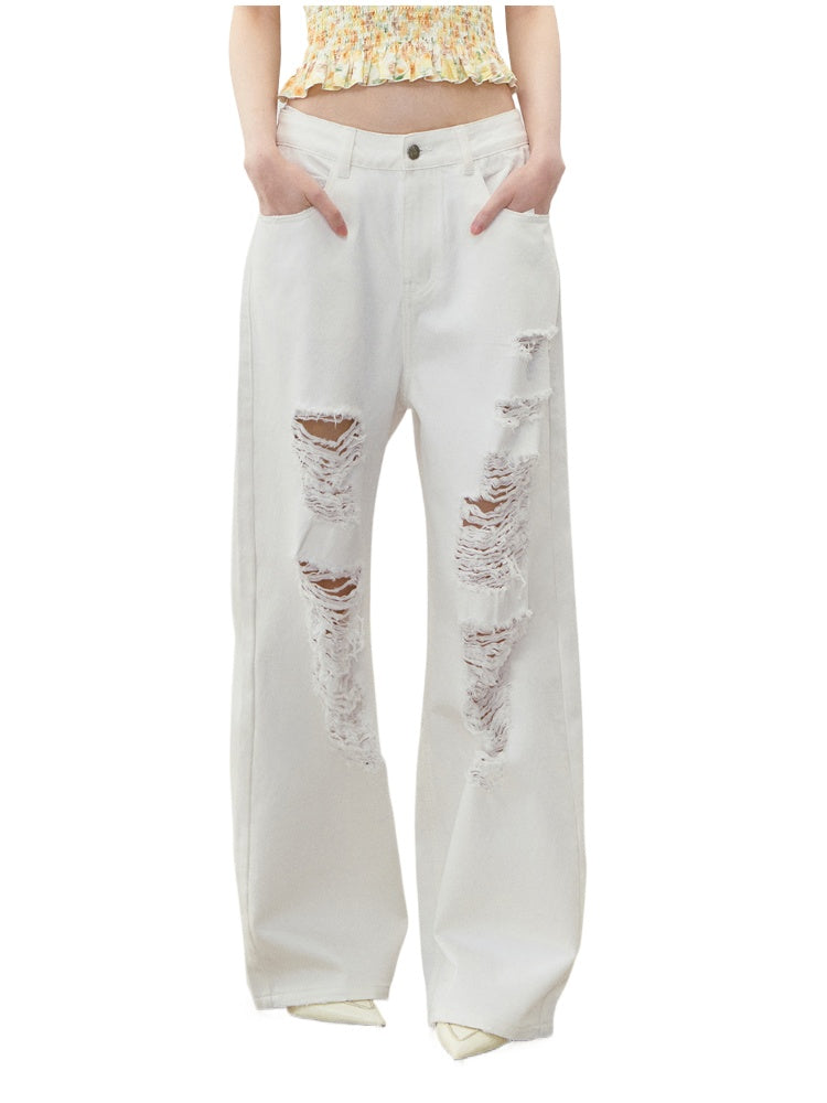White Rhinestones Ripped Jeans