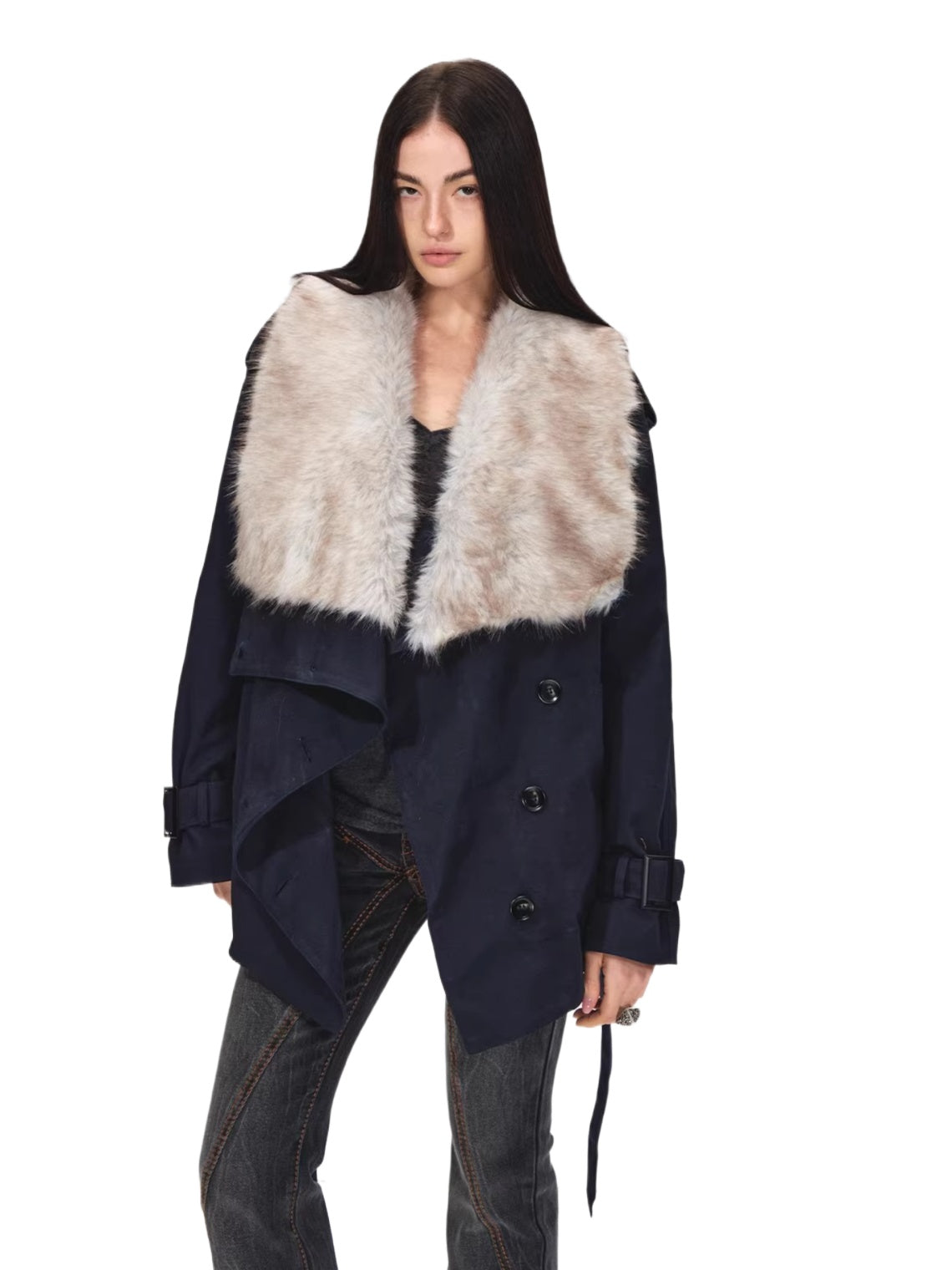 Navy Blue Suede Trench Coat