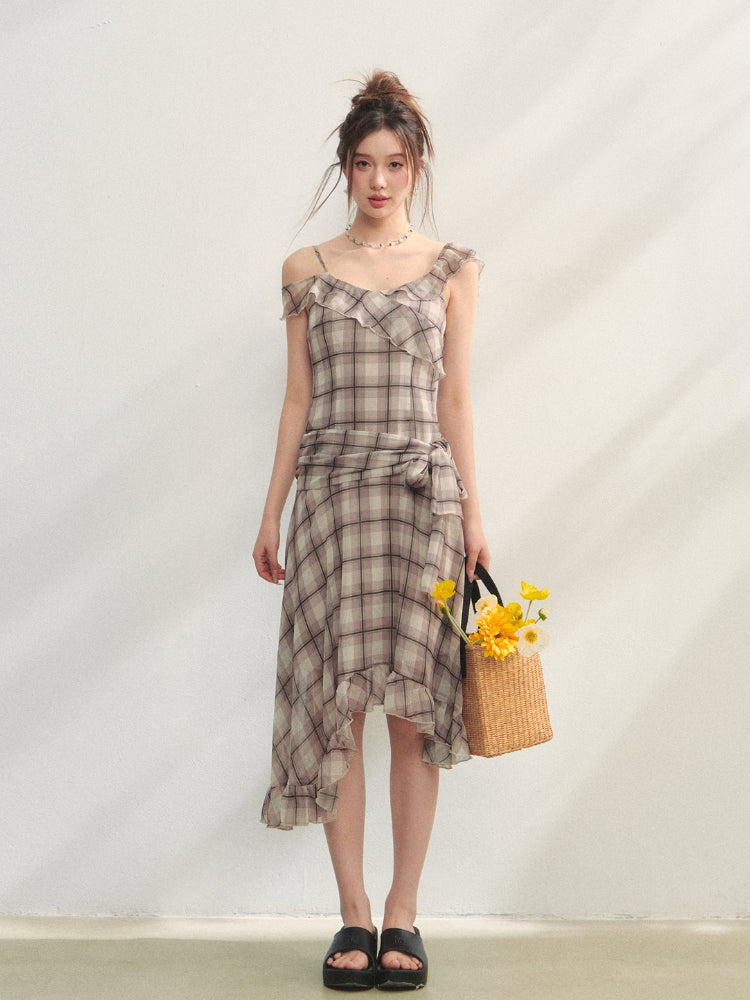 Checkered Print Asymmetrical Slip Dress