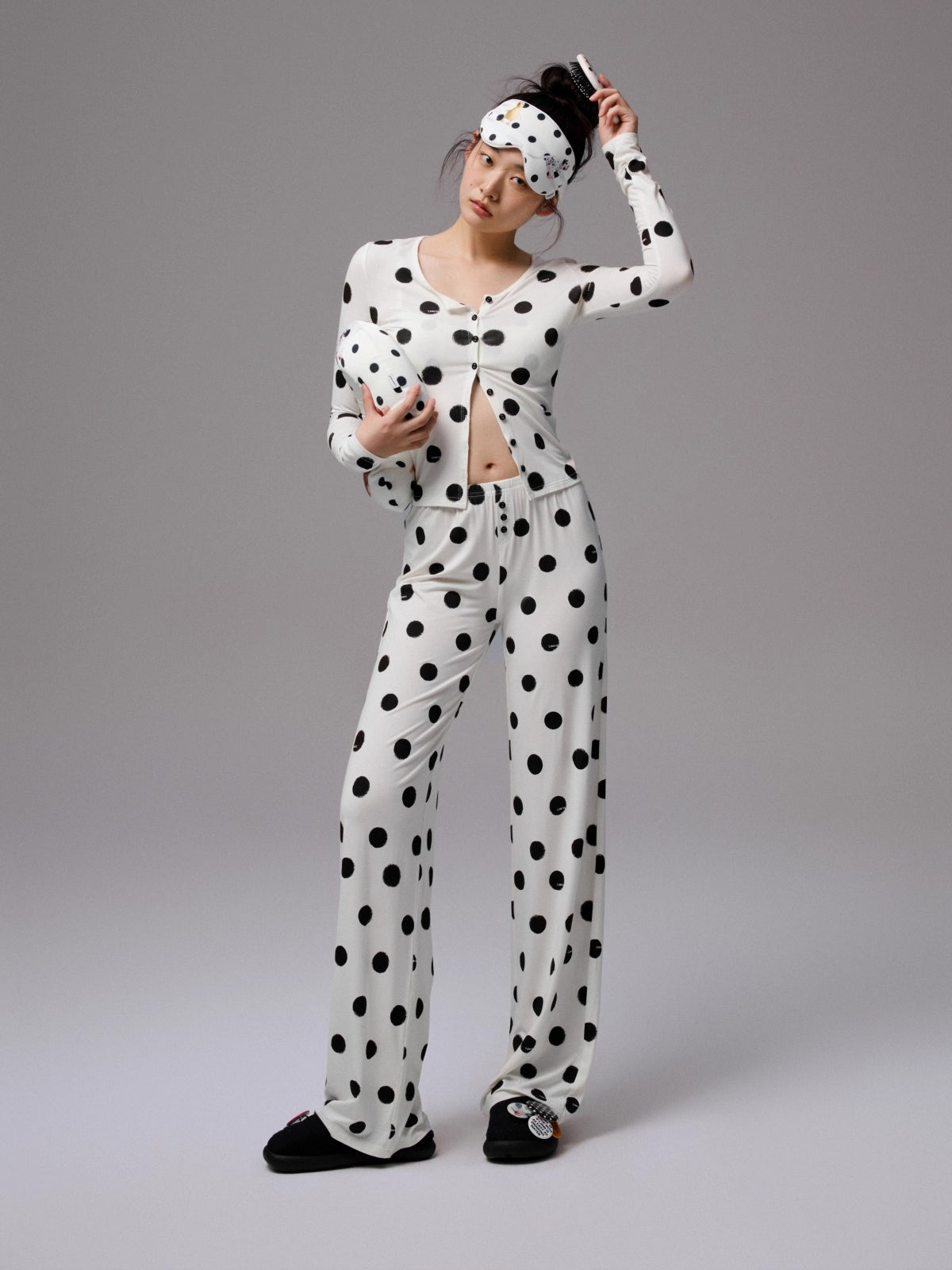 Contrast Polka Dot Lace-Trim Wireless Bra Two-Piece Set