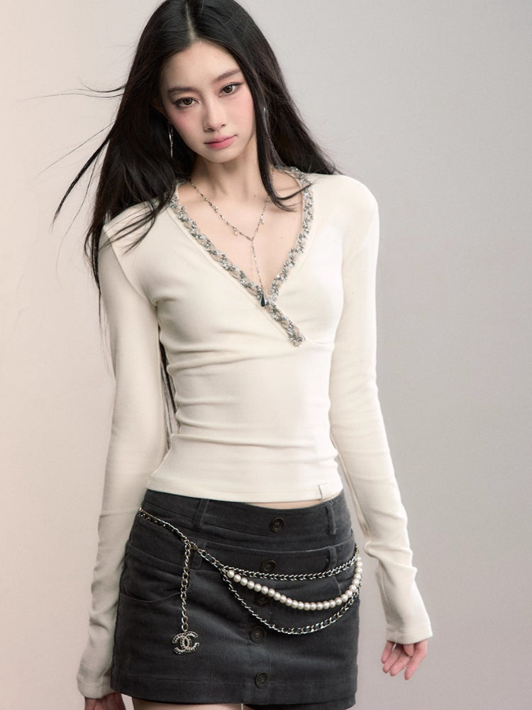 V-Neck Beaded Trim Knit Top