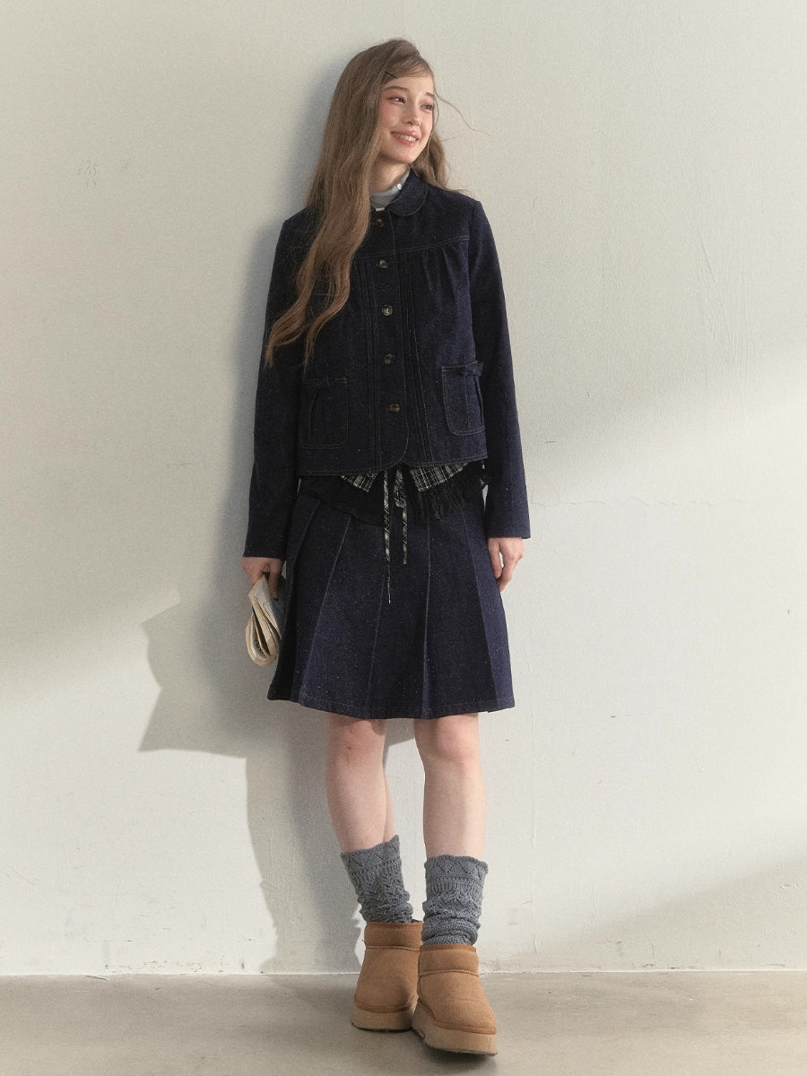 Vintage College Denim Padded Jacket & Skirt Set