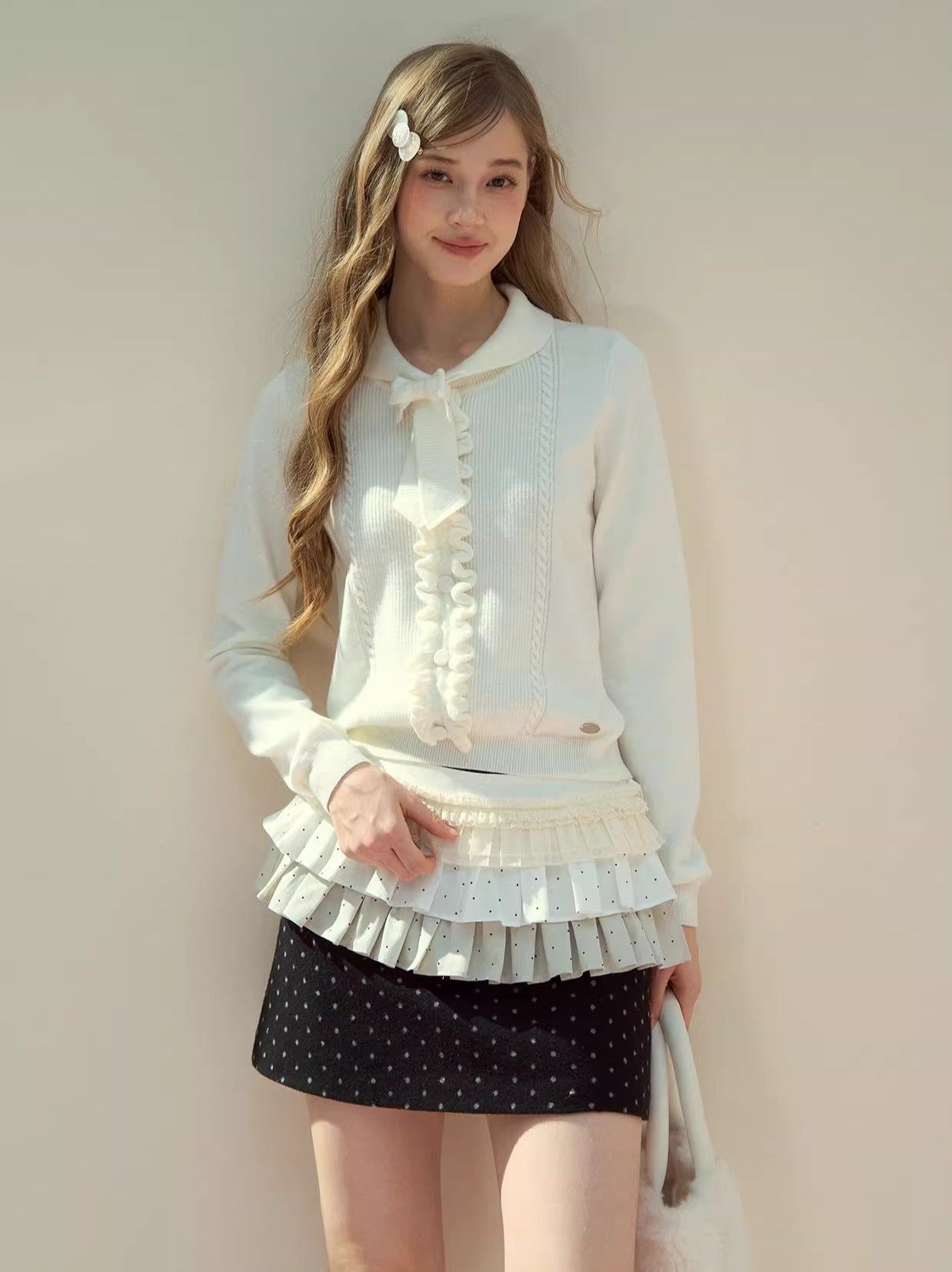 Ruffle-Tie Knit Peter-Pan Collar Sweater