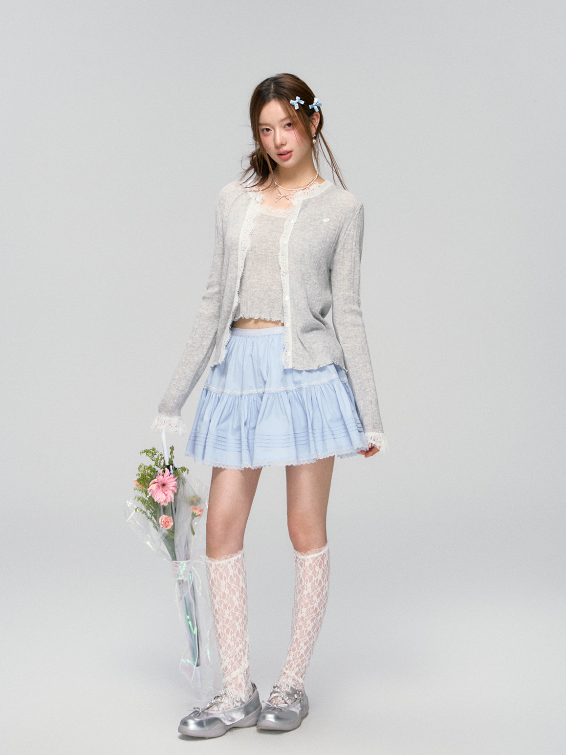 Blue Lace Trim Layered Skirt