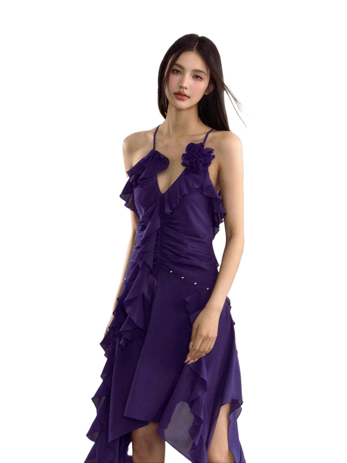 Rose Ruffle Irregular Hem Camisole Dress
