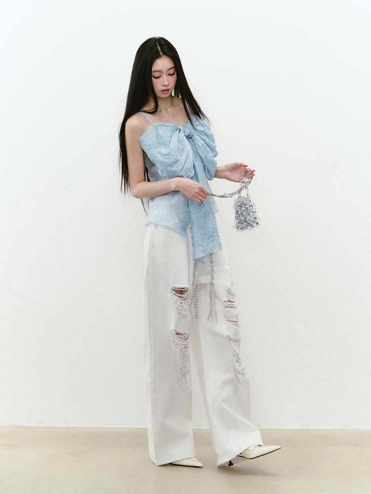 White Rhinestones Ripped Jeans