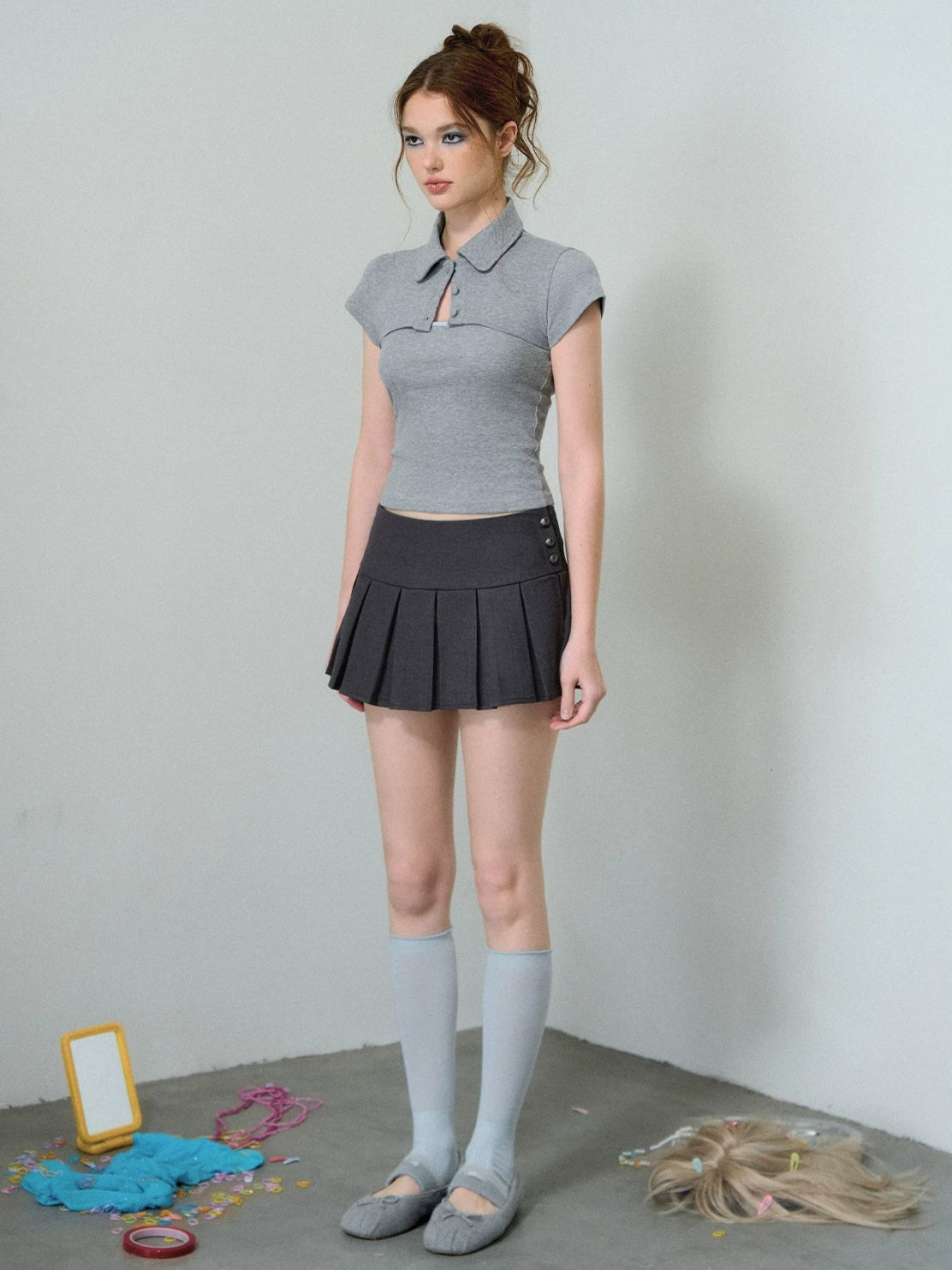 Gray Polo Knit Two-Piece Top
