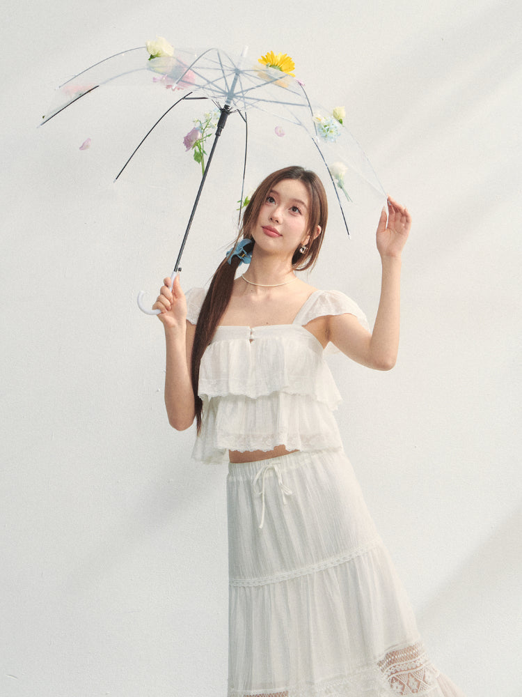 Soft Flutter Sleeve Blouse & Skirt Set