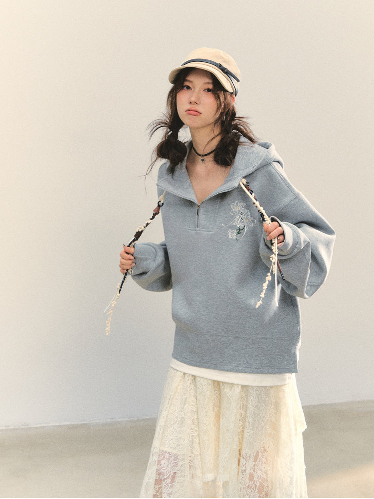Fake Two-Piece Flower Embroidery Hat Cord Pullover Hoodie