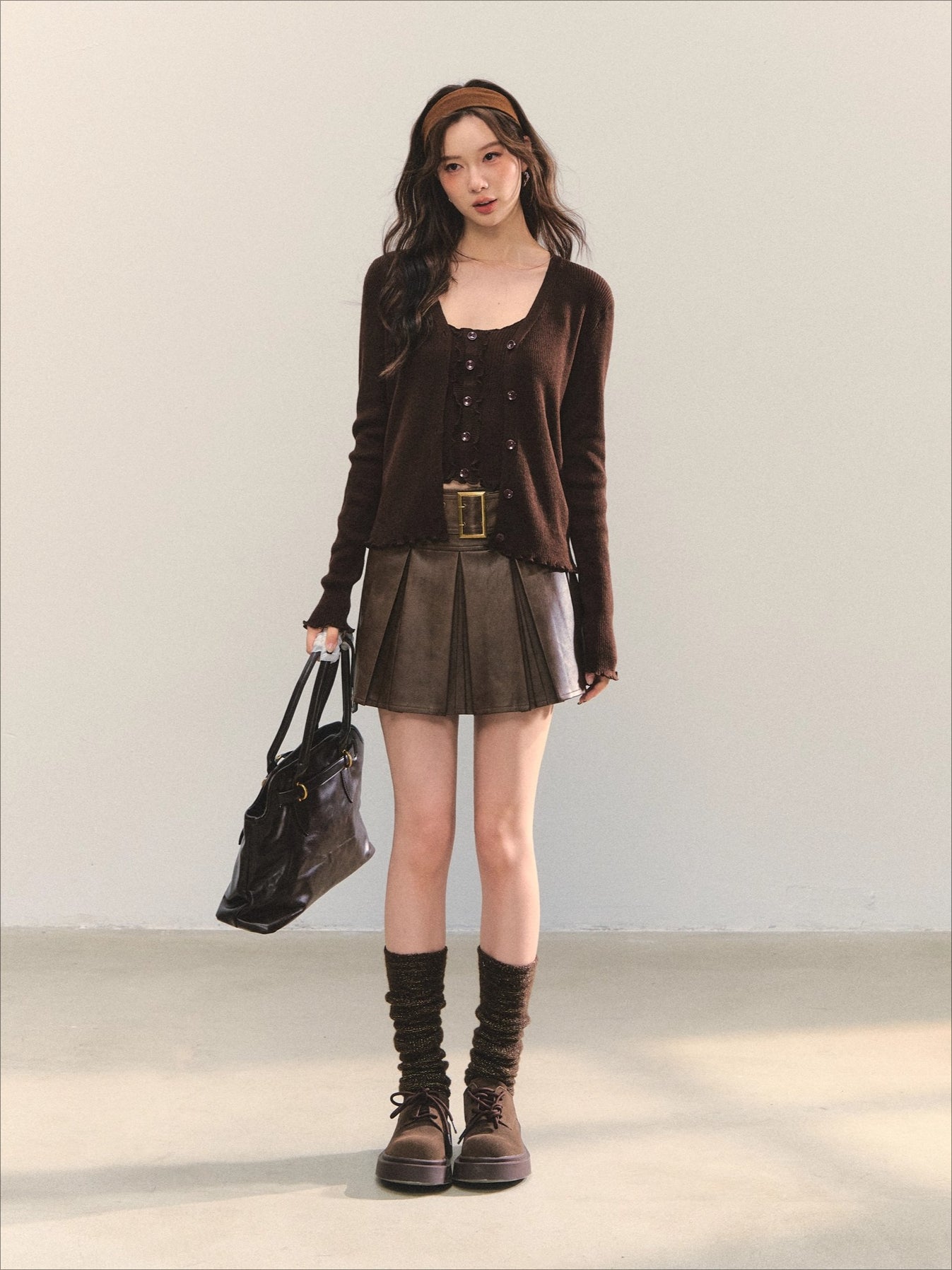 Brown A-Line Belted Pleated PU Leather Skirt