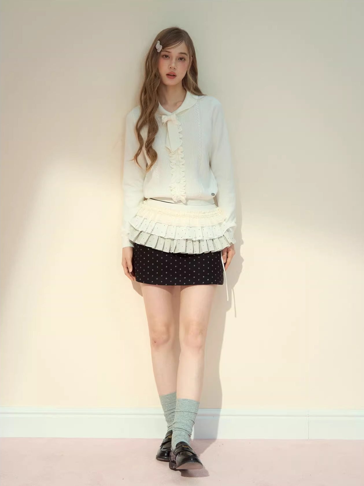Ruffle-Tie Knit Peter-Pan Collar Sweater
