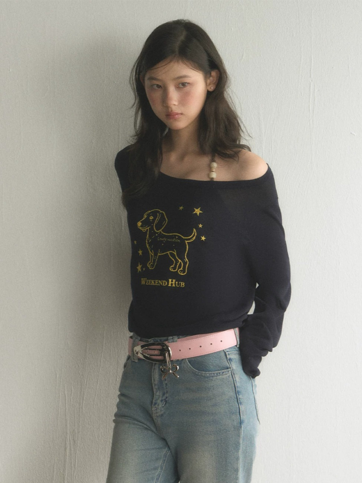 Dachshund Print Off Shoulder Top