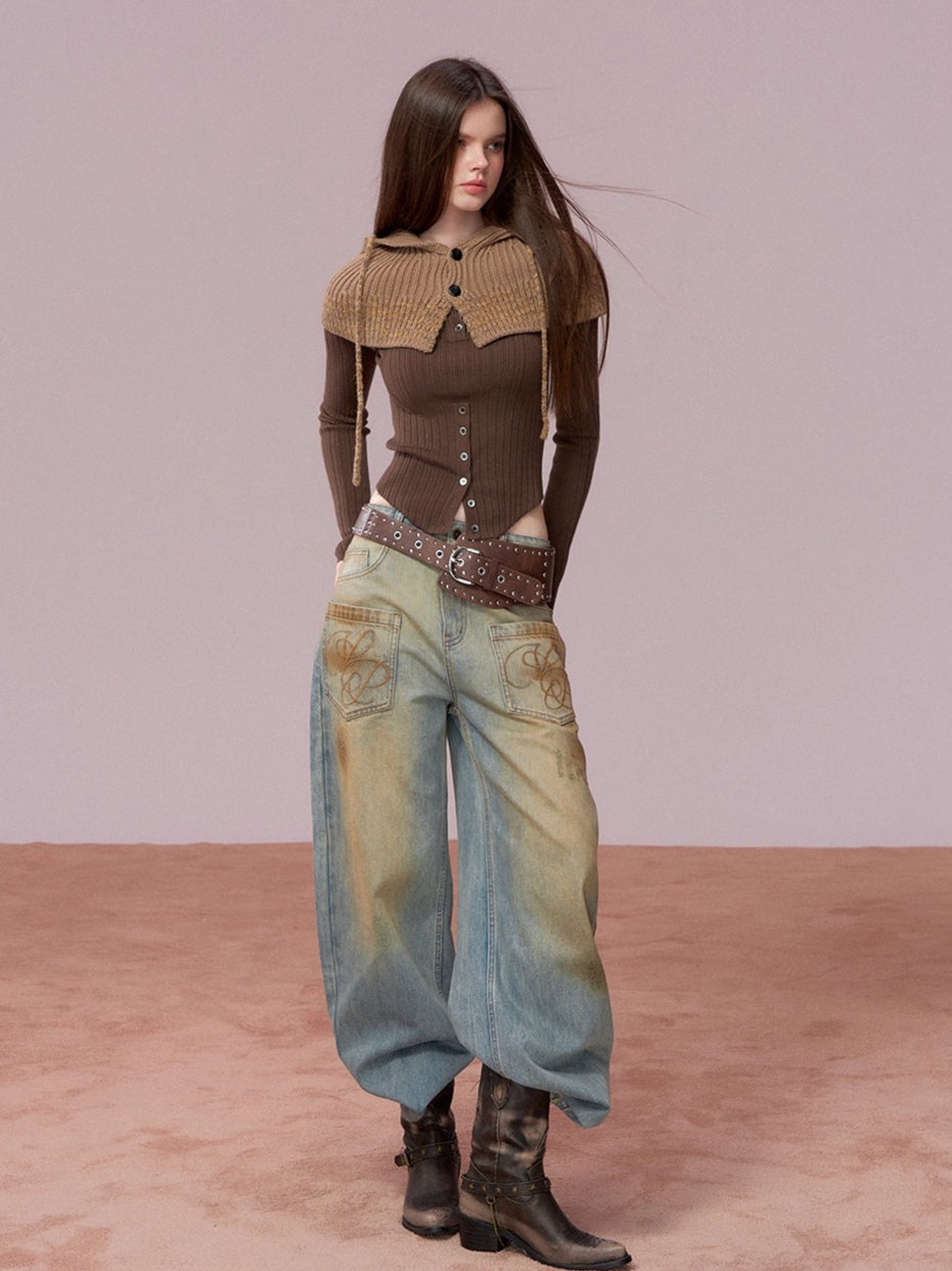 Brown Leather Buckle Cardigan & Hooded Cape Set