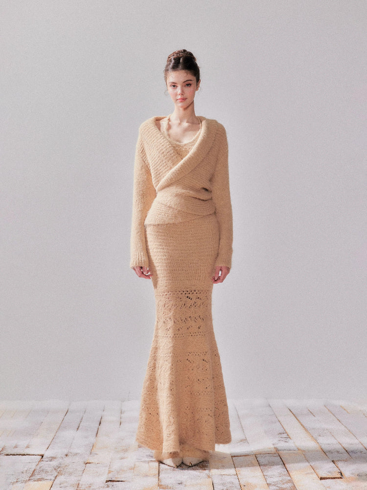 Fishtail Pencil Dress & Hollow Knit Cardigan Set