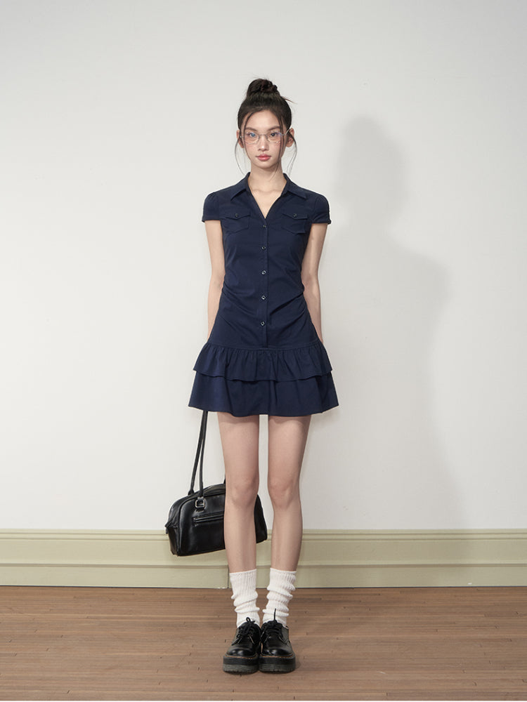 Waist-Cinching Elastic Short - Sleeve Shirt Dress