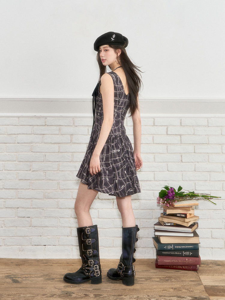 Tie-up Plaid Sleeveless Dress