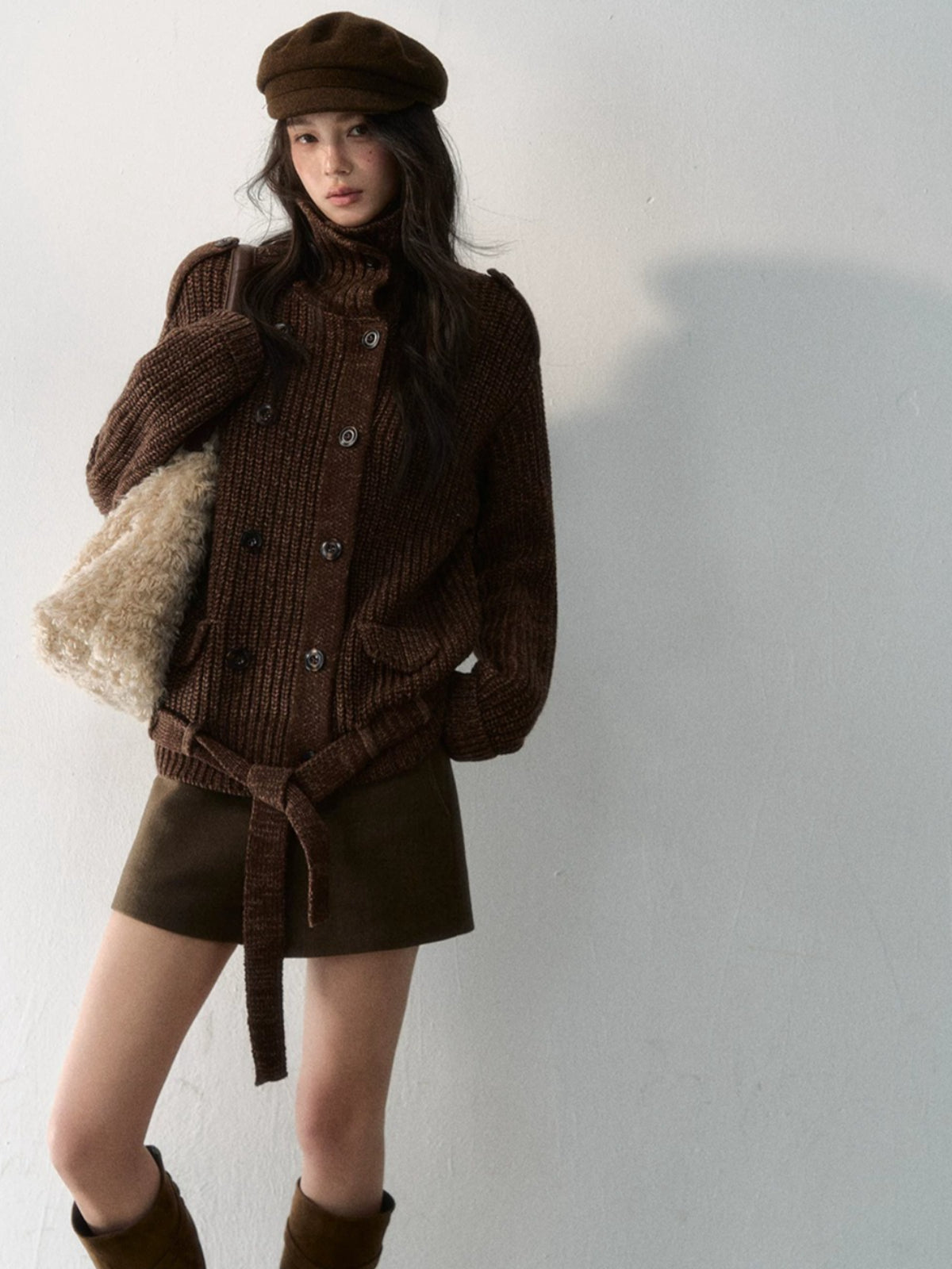 Double-Breasted Turtleneck Knit Cardigan