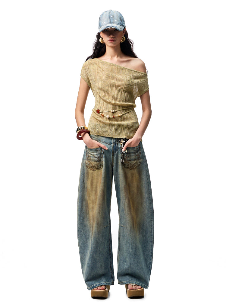 Asymmetric Shoulder Knit Short Sleeve T-shirt