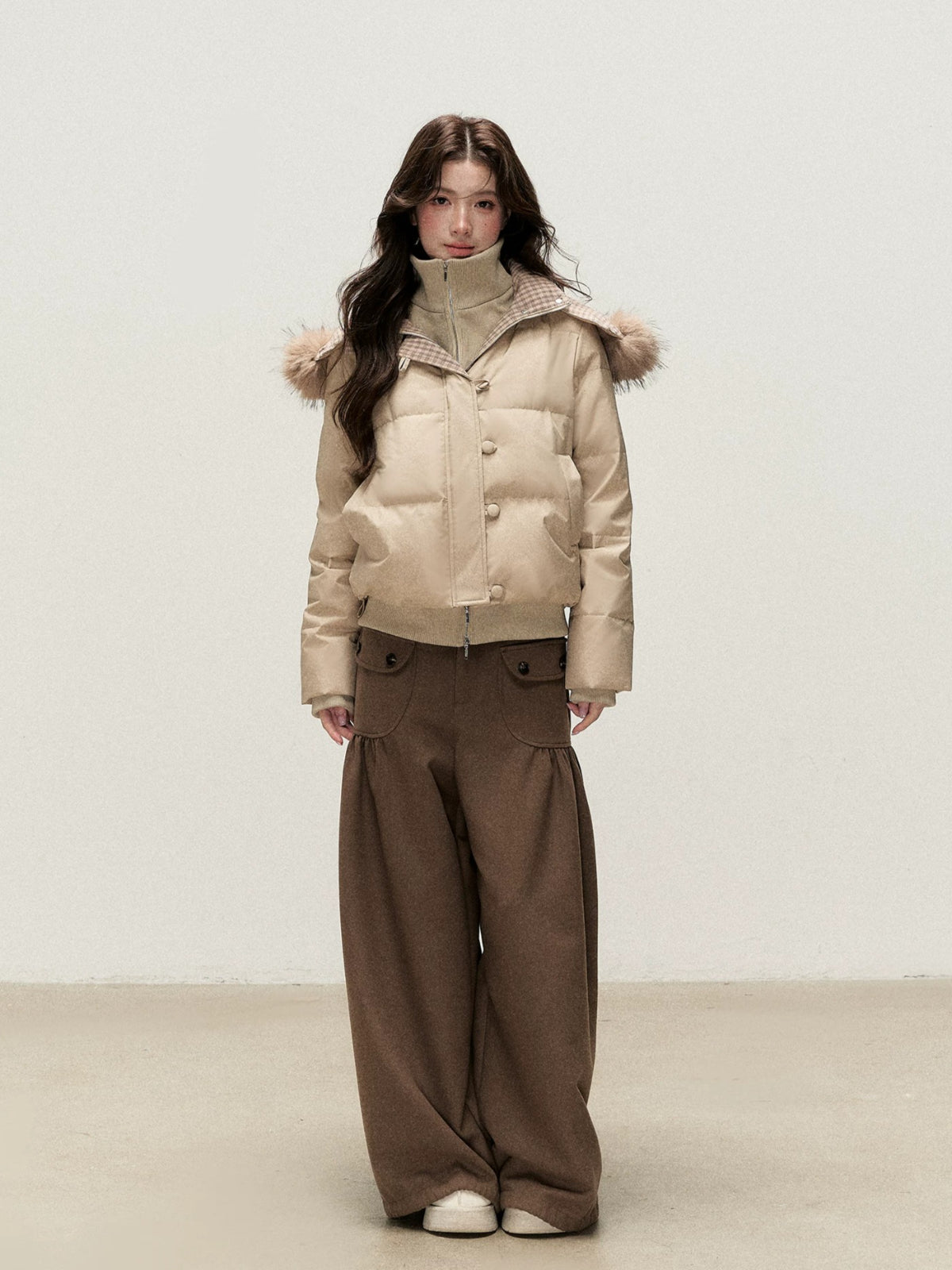 Faux Layered Fur-Trim Hooded Down Jacket