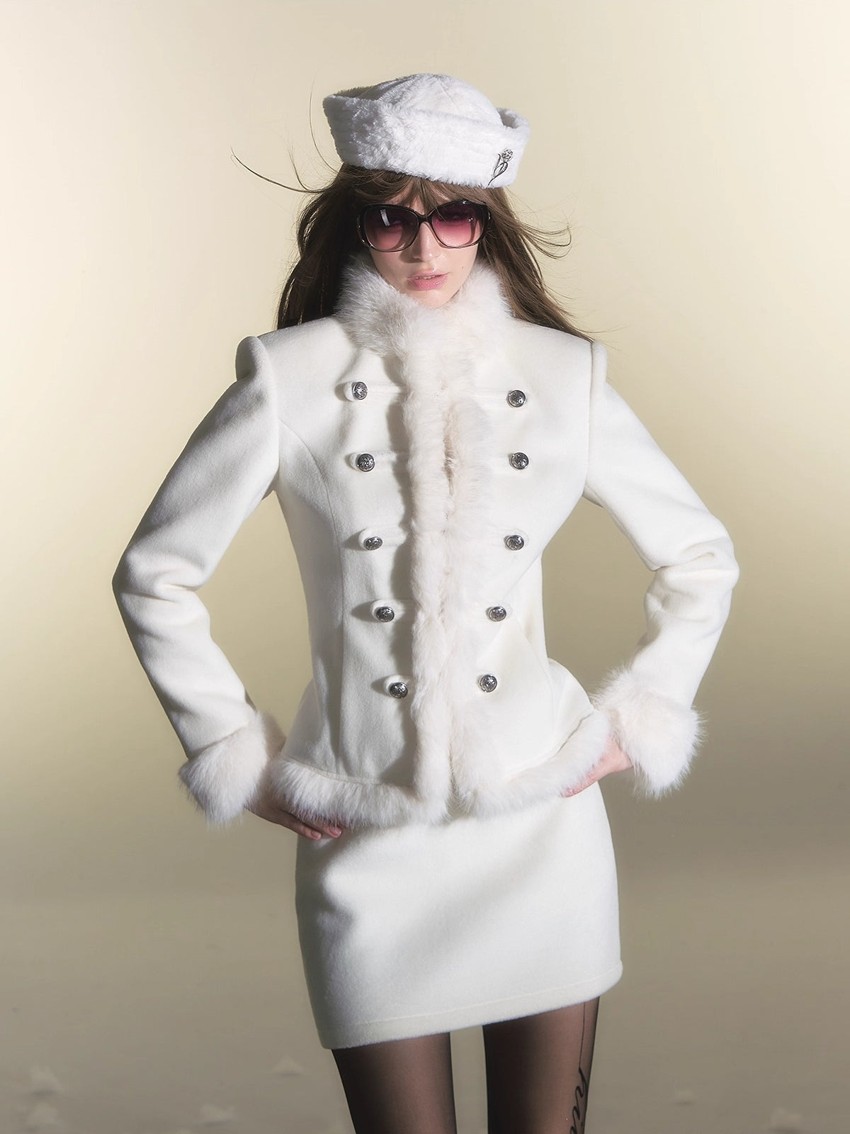 Faux Fur Double-Breasted Waist-Coated Jacket & Skirt Set