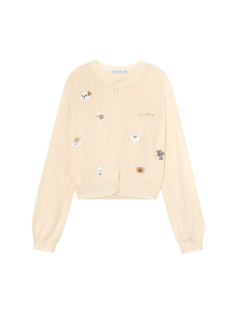 Gray & Apricot Puppy-Embroidered Knit Cardigan