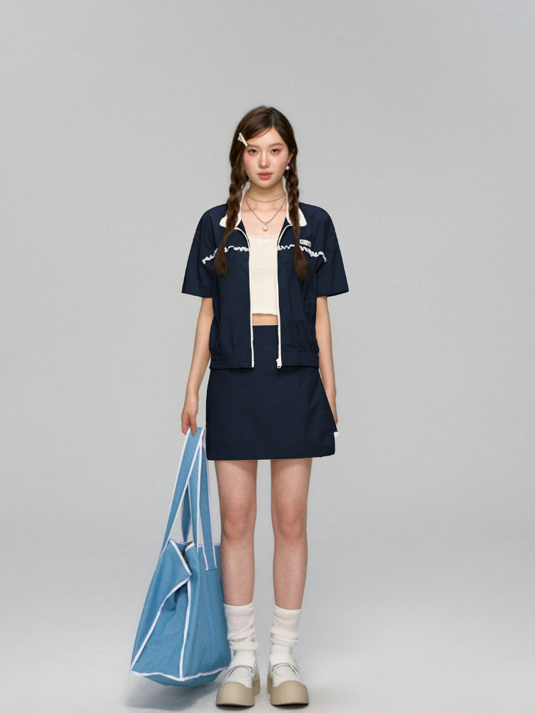 Color Blocking Lace Trimmed Short-Sleeve Outerwear & Skirt Set