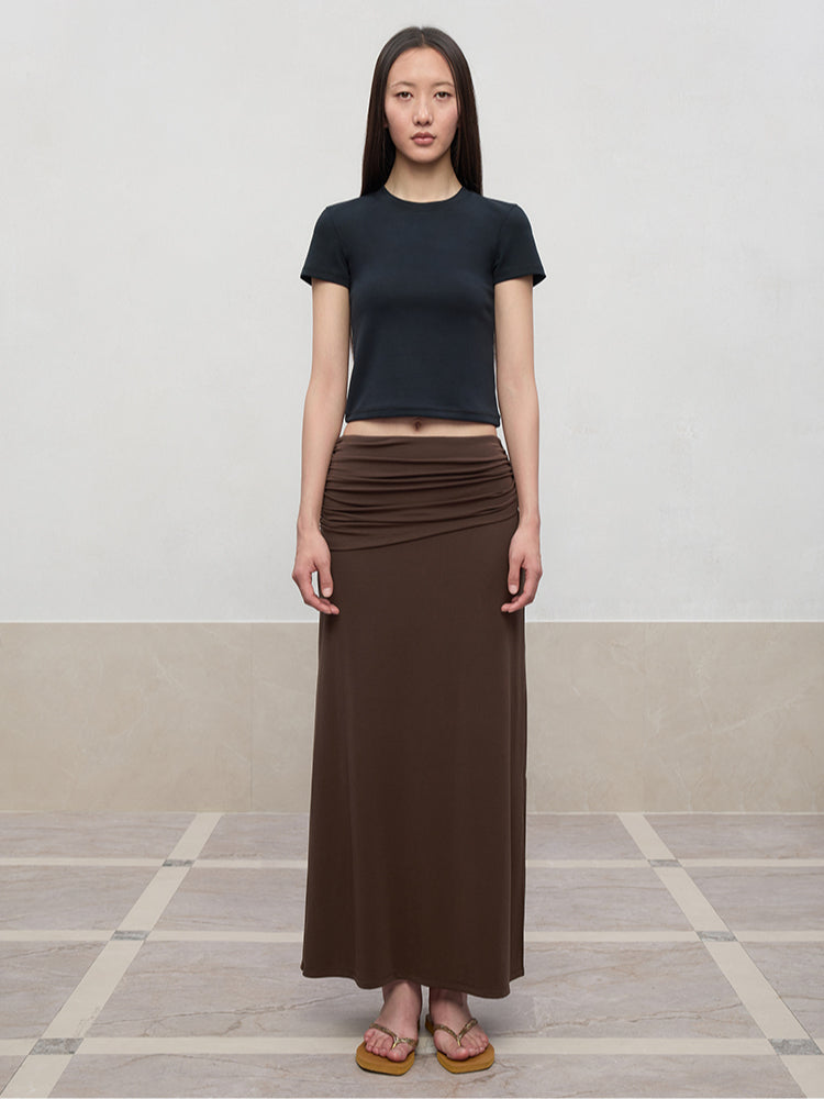 Lyocell Pleated Mid-Low Waist Midi Skirt