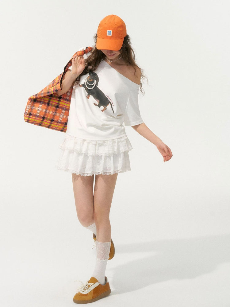 Off-Shoulder Pearl Embroidered Asymmetrical T-shirt