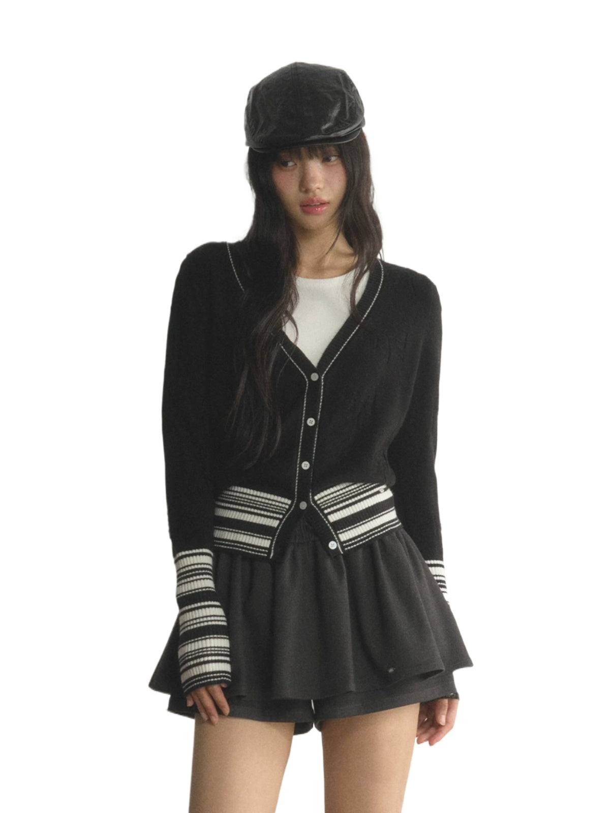 Contrast Striped V-Neck Knit Cardigan