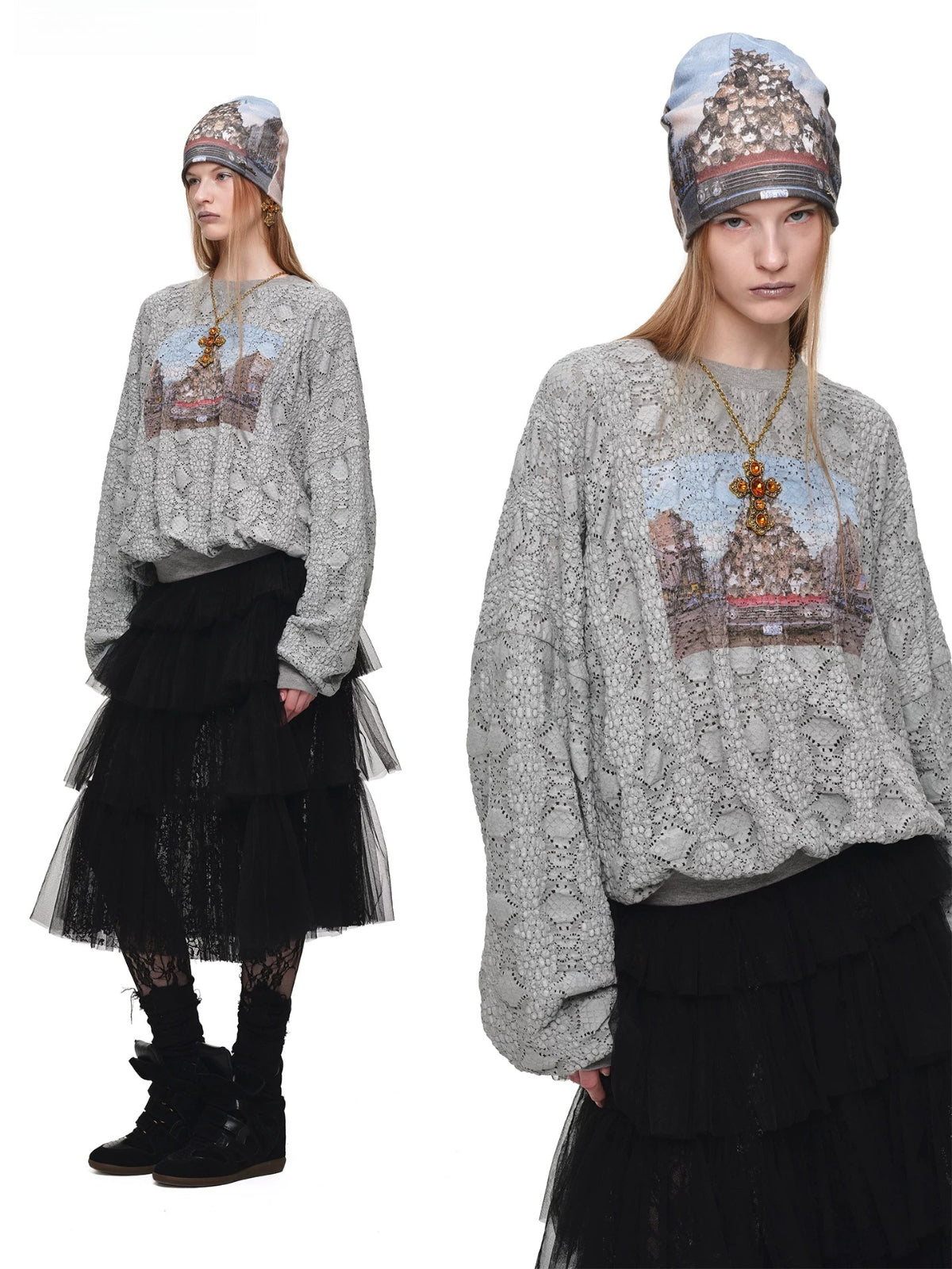 Cat Print Lace Balloon Sweatshirt