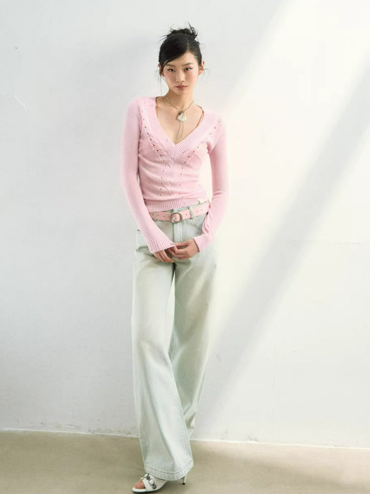 Shimmer Yarn Distressed V-Neck Knit Top