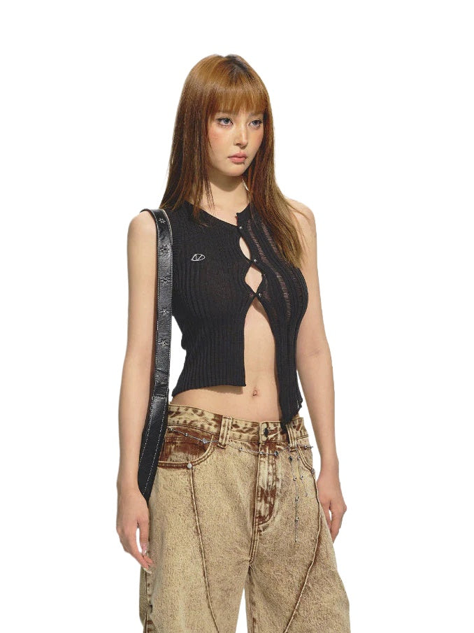 Black Off-set Round Neck Crochet Lace Cardigan