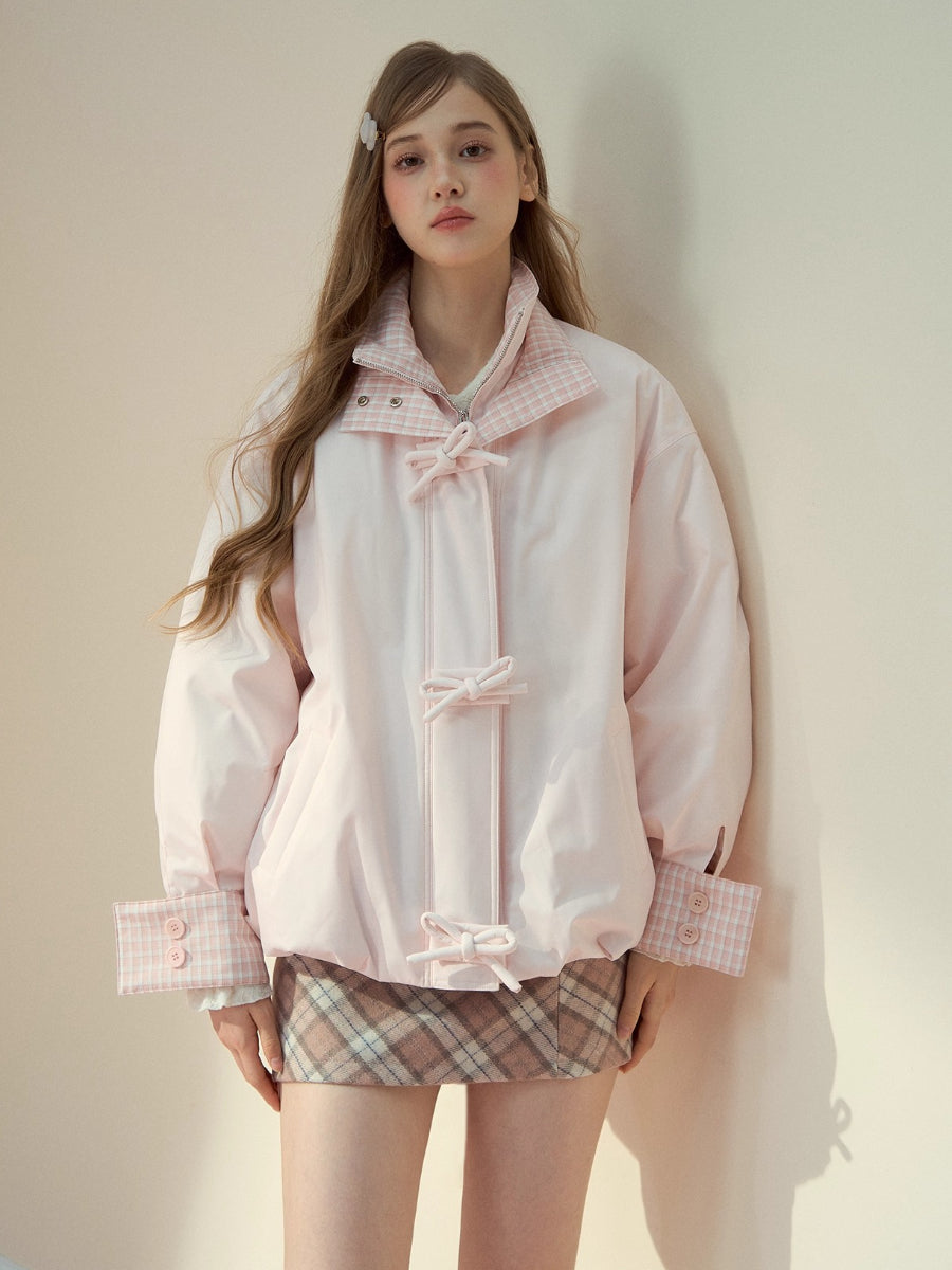 Pink Bow Plaid Down Puffer Jacket